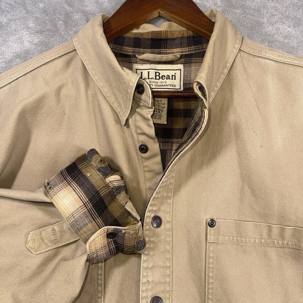 Vintage LL Bean Barn Chore Shirt Jacket Flannel Lined Beige Canvas Men's XLT